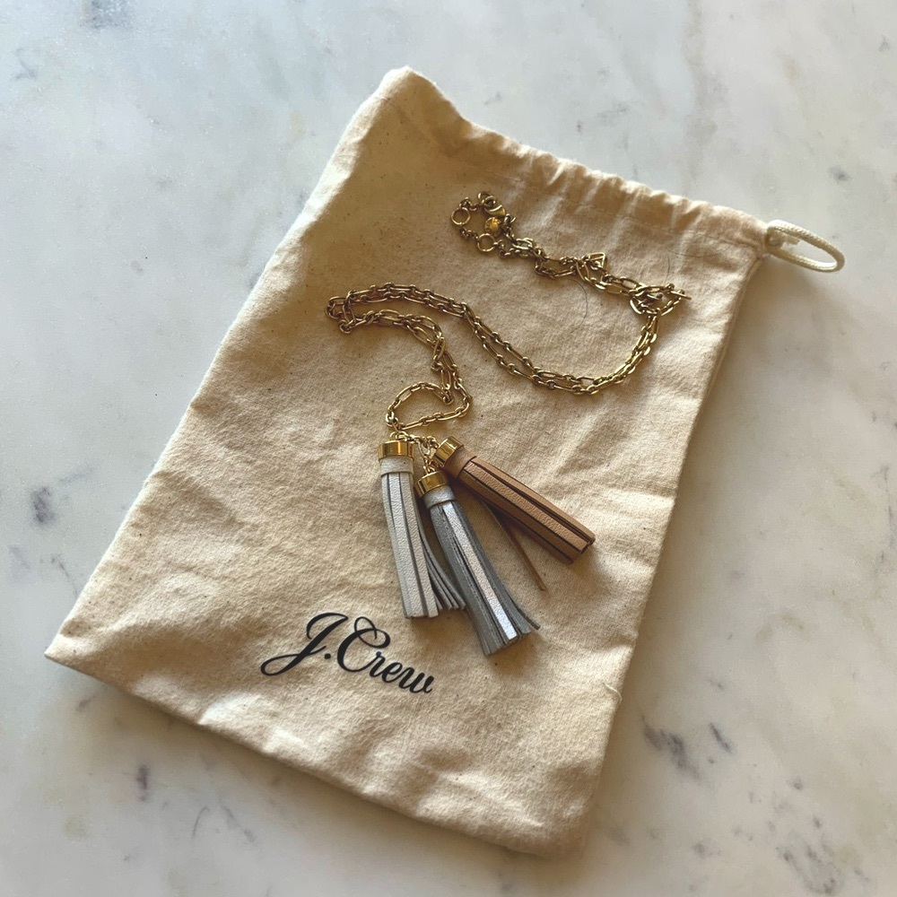 J. Crew Leather Tassel Pendant Necklace w/ Gold-tone 30” Chain
